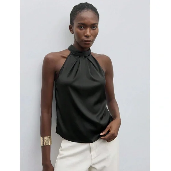 Black Satin Halter Blouse Top - Picture 2 of 8